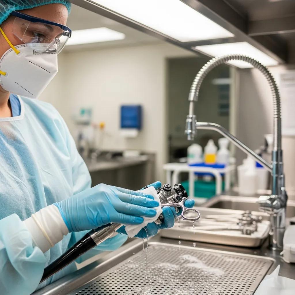 Healthcare worker in PPE cleaning a medical device, illustrating hygiene standards