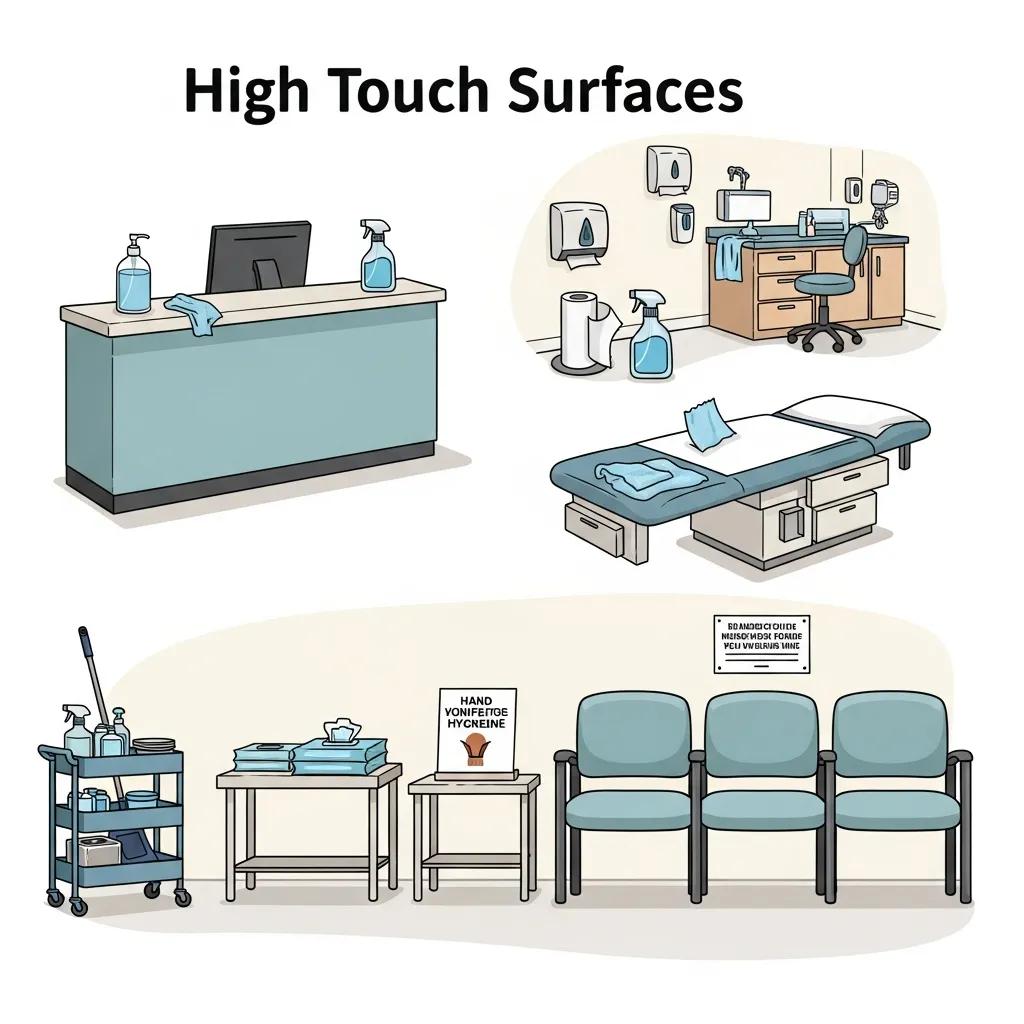 High-touch surfaces in a clinic emphasising the importance of regular cleaning and hygiene