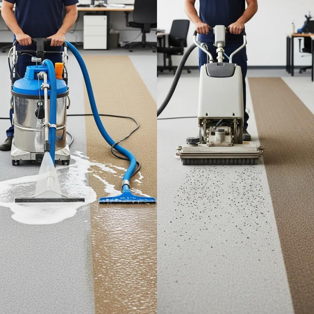 Illustration of advanced carpet cleaning methods, featuring hot water extraction and low-moisture encapsulation techniques in action