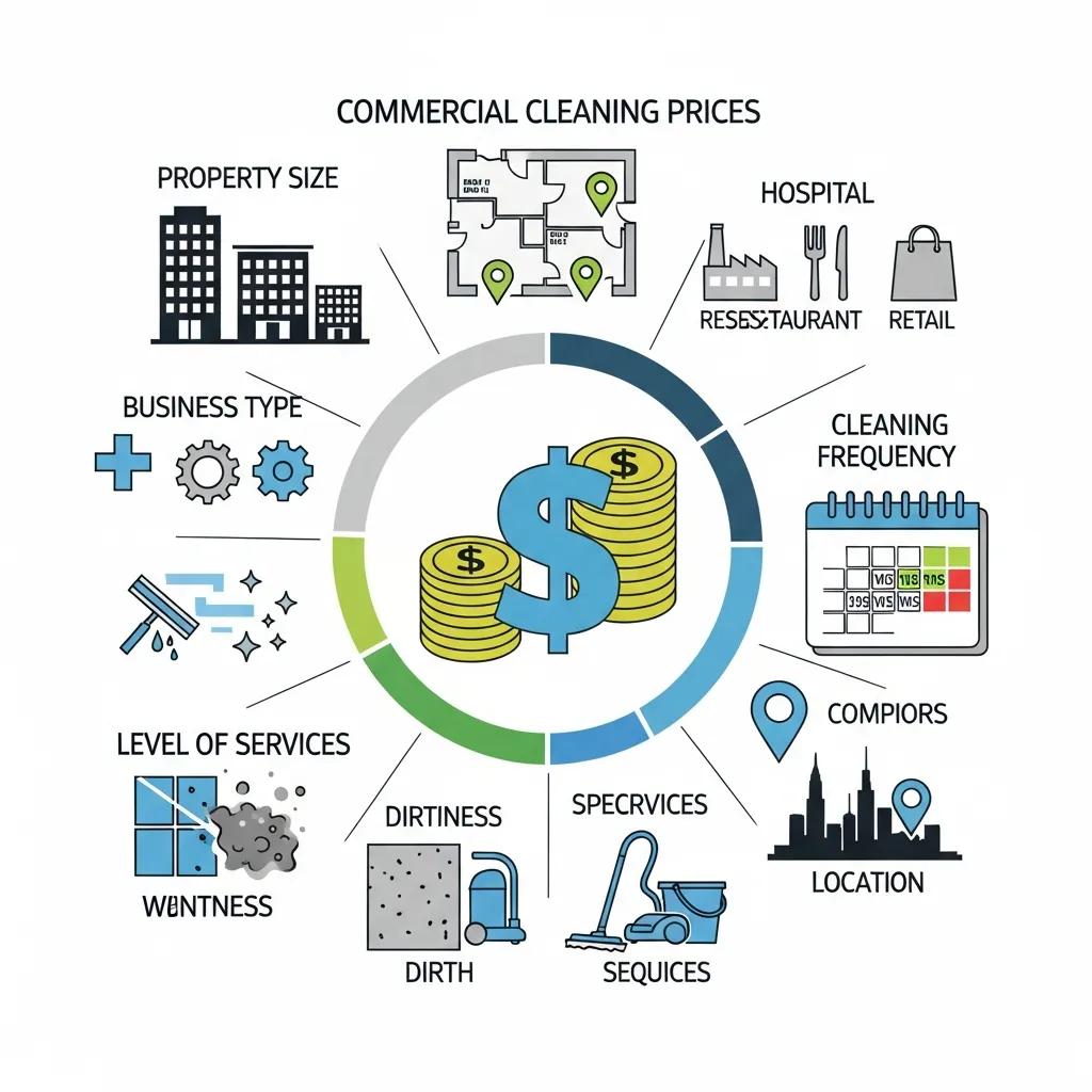 Graphic of cost drivers for commercial cleaning: property size, business type, frequency and materials