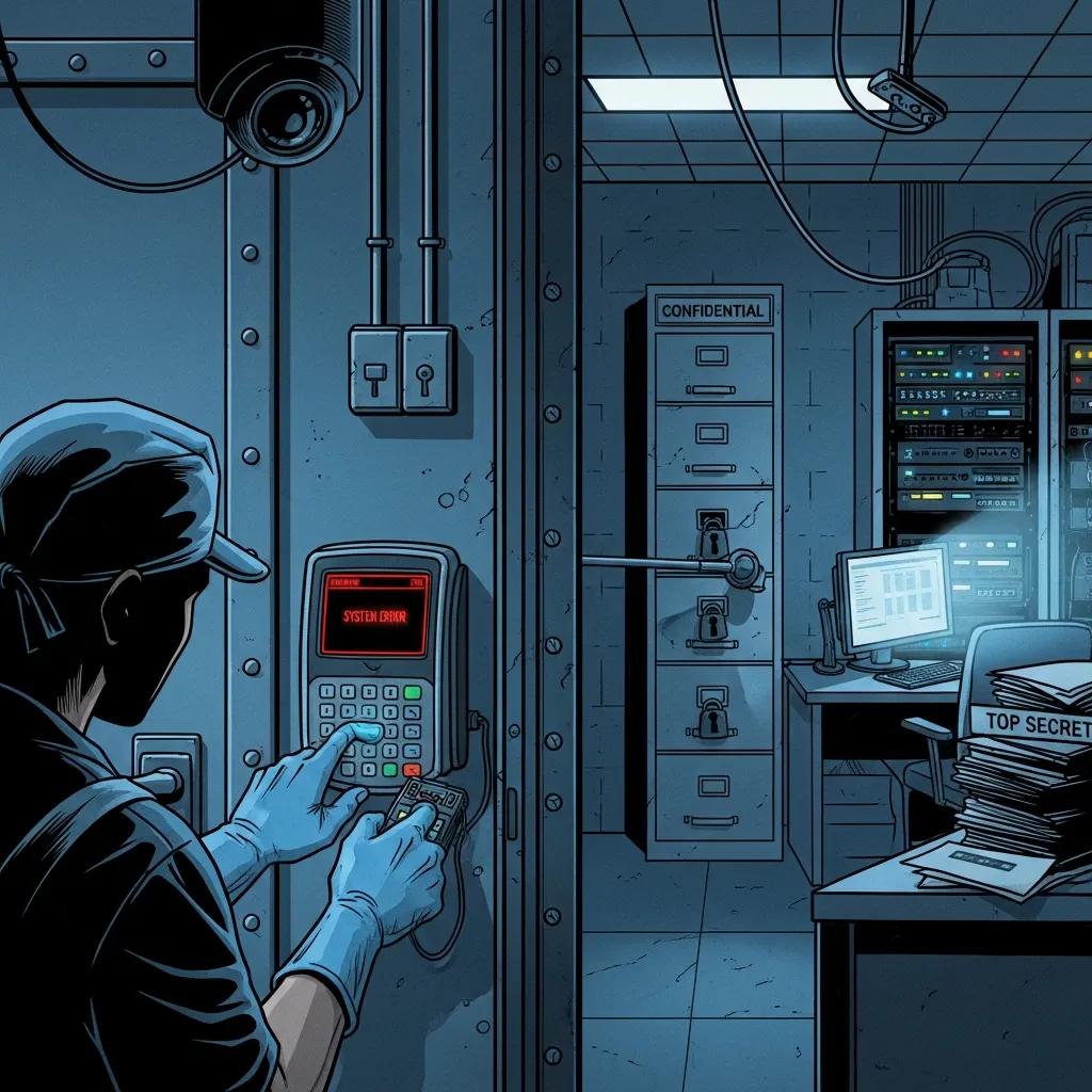 Illustration of risks posed by unvetted cleaning staff in a secure facility