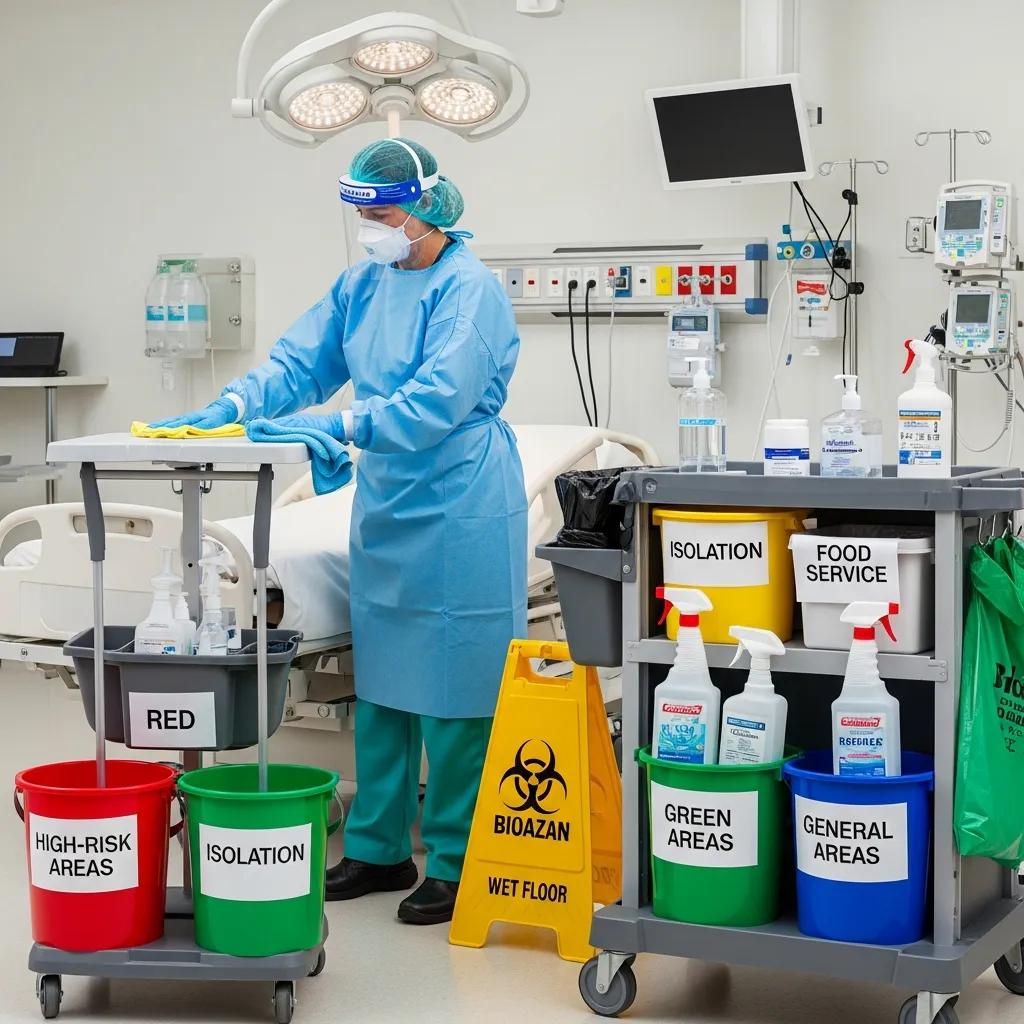 Colour-coded cleaning equipment and PPE used to control infection in a medical facility