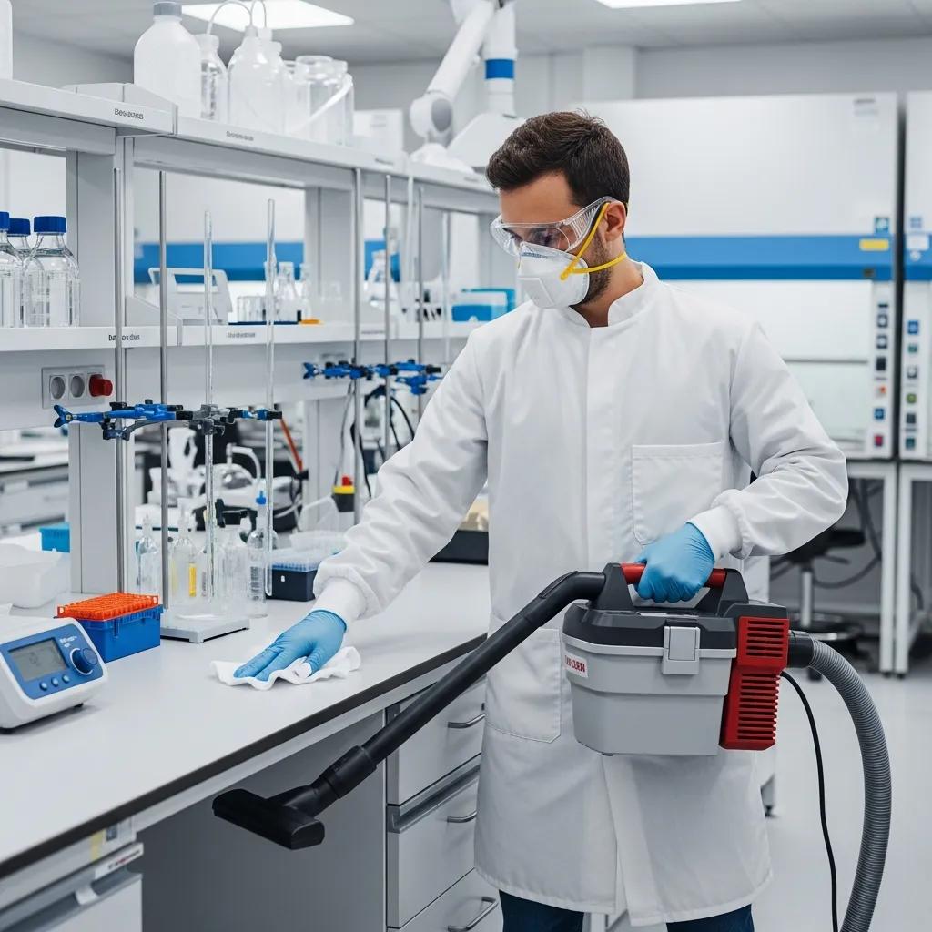 Laboratory cleaning technician using HEPA vacuum and disinfectant wipes in a sterile lab environment