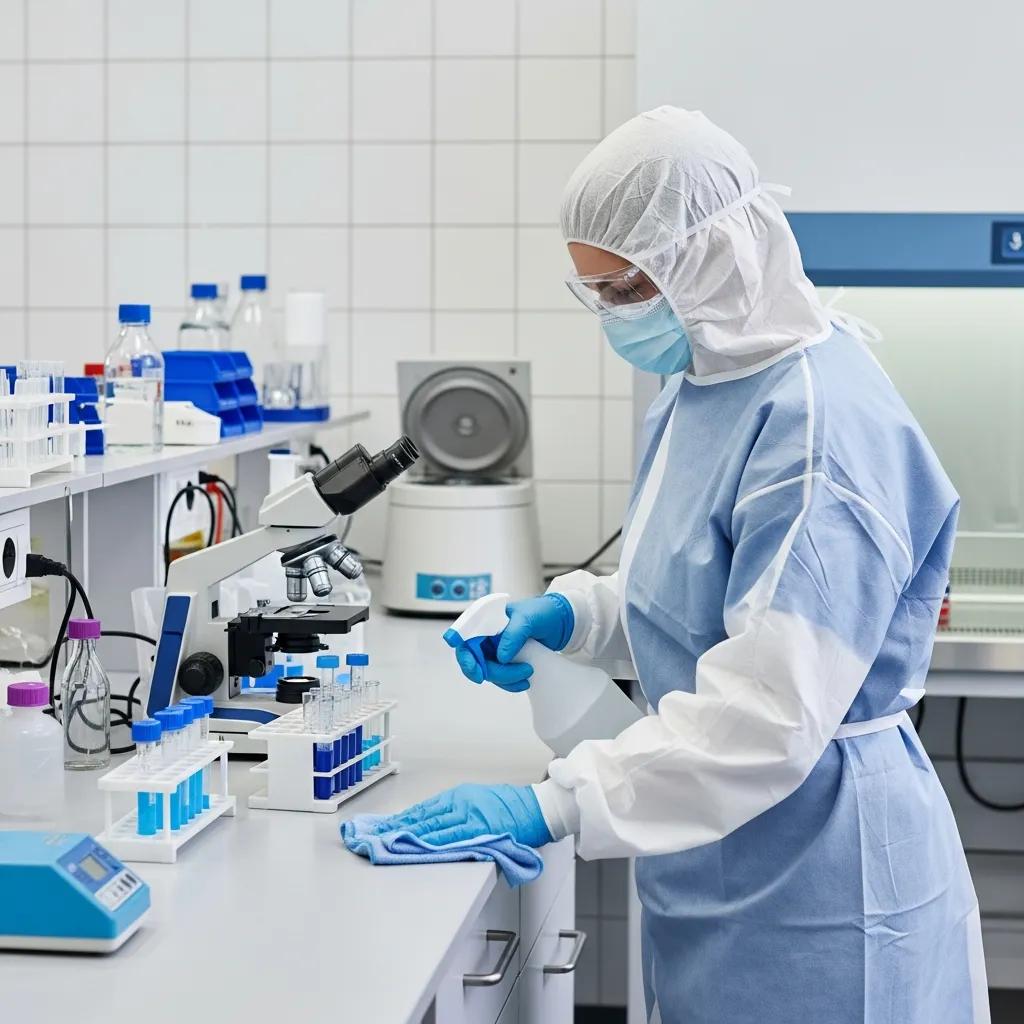 Laboratory technician in PPE cleaning surfaces to ensure infection control in a medical laboratory