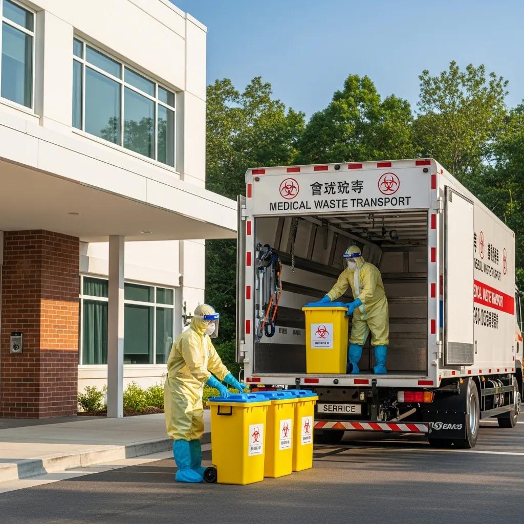 Licensed waste transport vehicle loading medical waste containers outside a healthcare facility