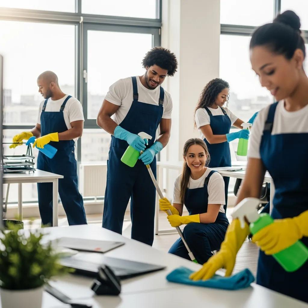 Local commercial cleaning team efficiently cleaning a modern office space with eco-friendly products