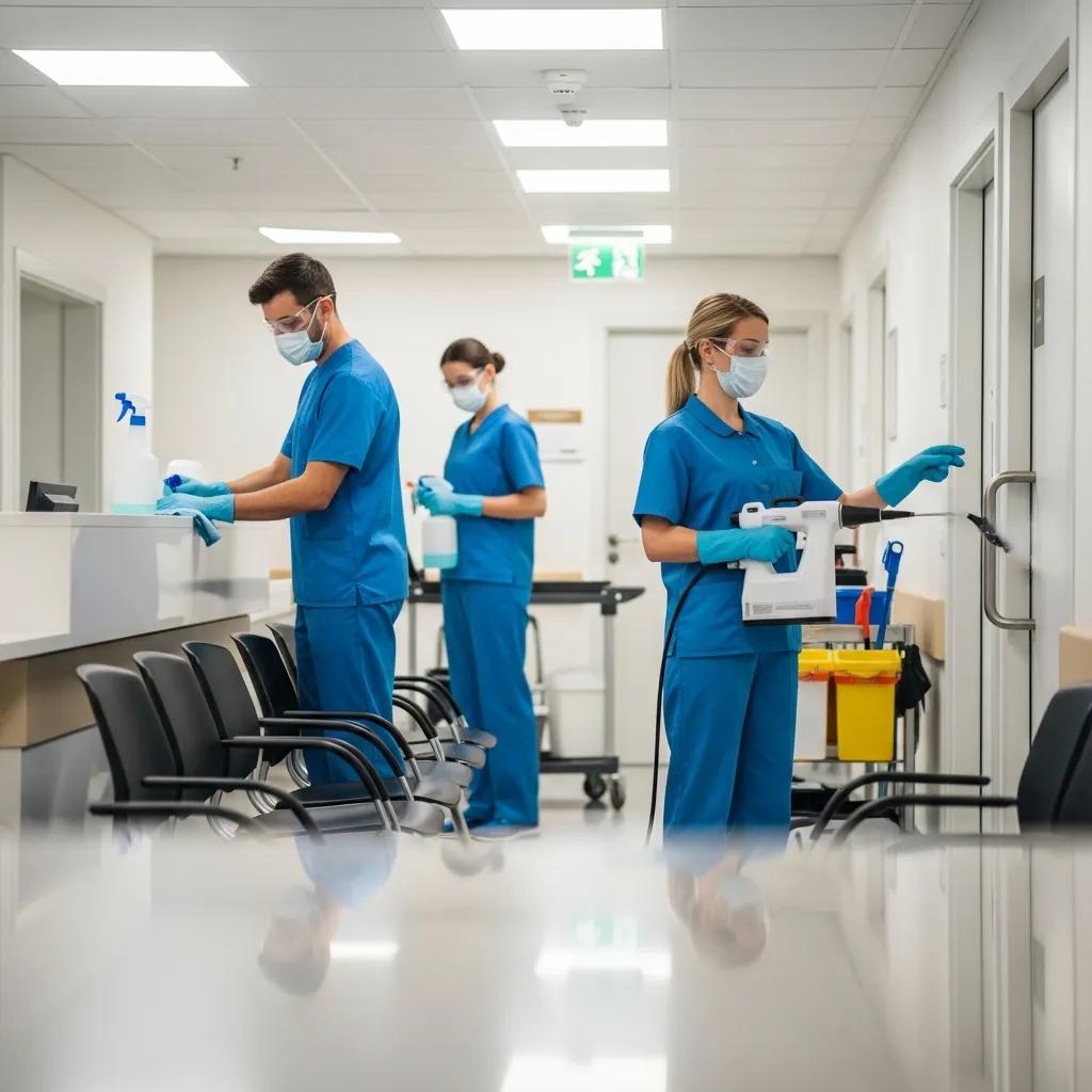Medical cleaning team using disinfectants in a healthcare facility