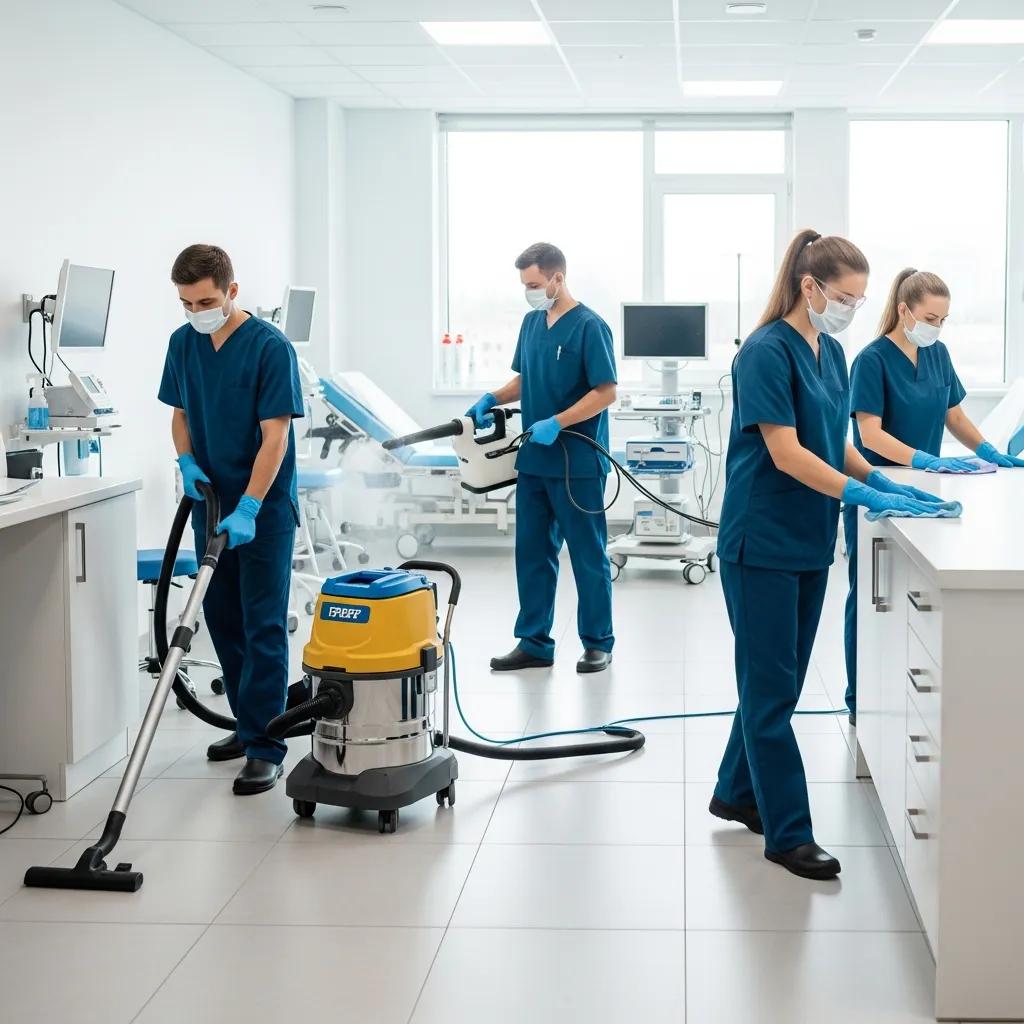 Medical cleaning team using hospital-grade equipment in a sterile healthcare environment