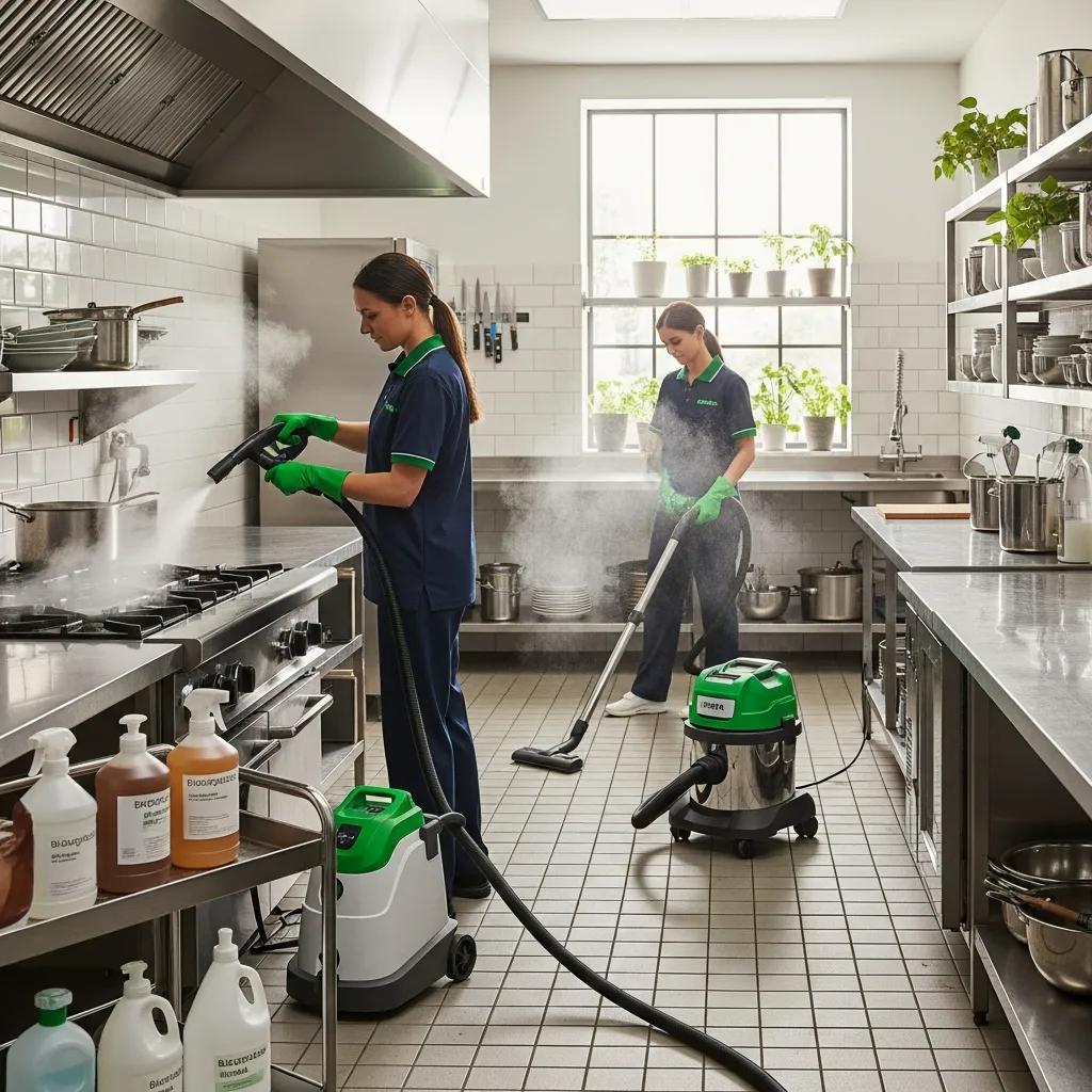 Modern eco-friendly cleaning technologies being used in a food service facility to enhance hygiene and sustainability