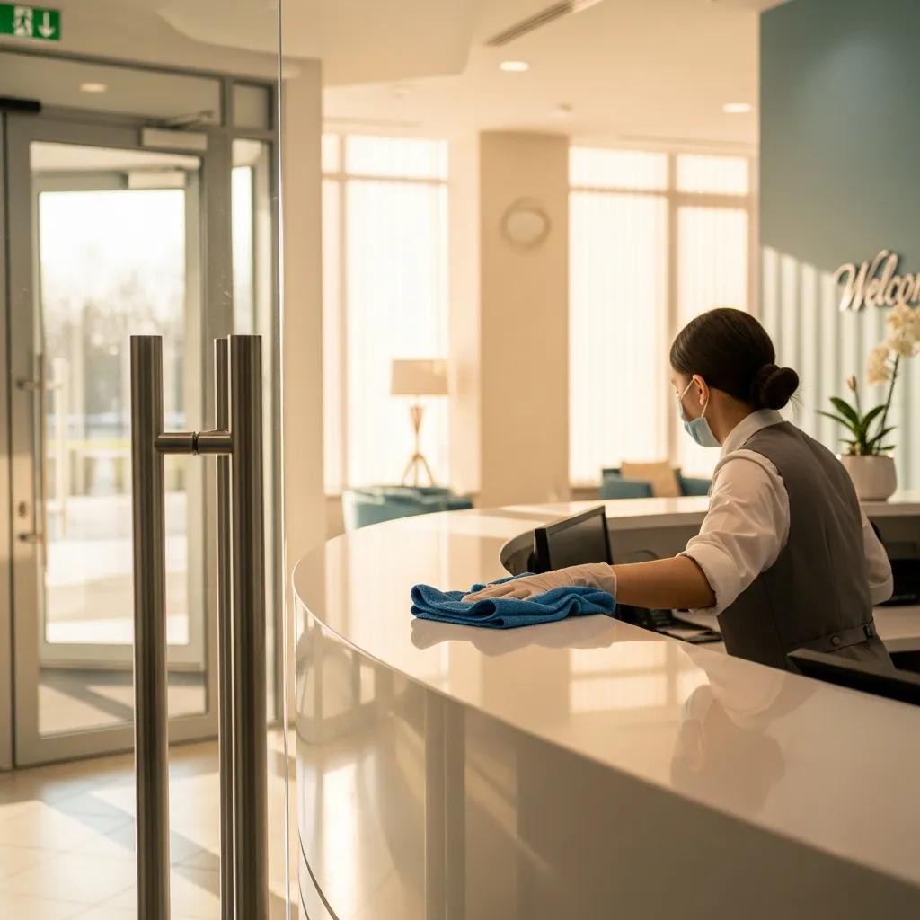Cleaner attending to a busy reception area to maintain hygiene and positive client impressions