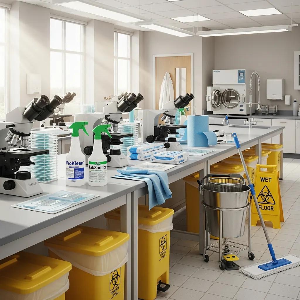 Pathology laboratory with cleaning equipment and disinfectants highlighting the importance of hygiene in diagnostics