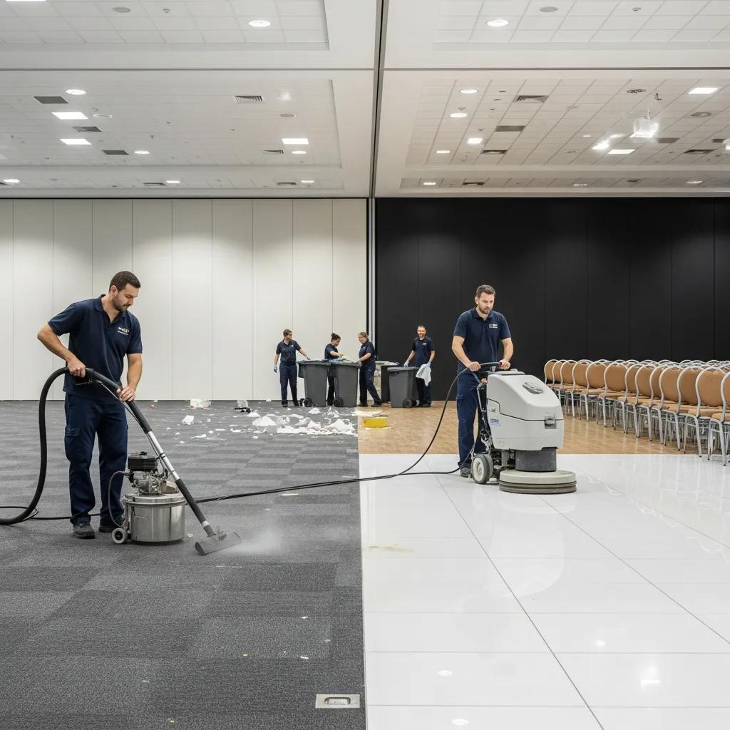 Post-event restoration team deep cleaning a large venue for hygiene and safety