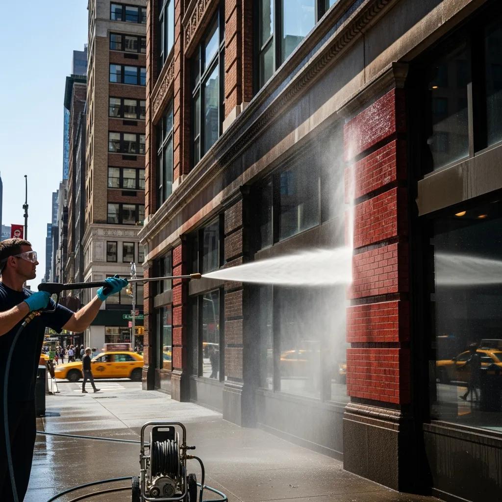 Pressure washing service cleaning a commercial building facade