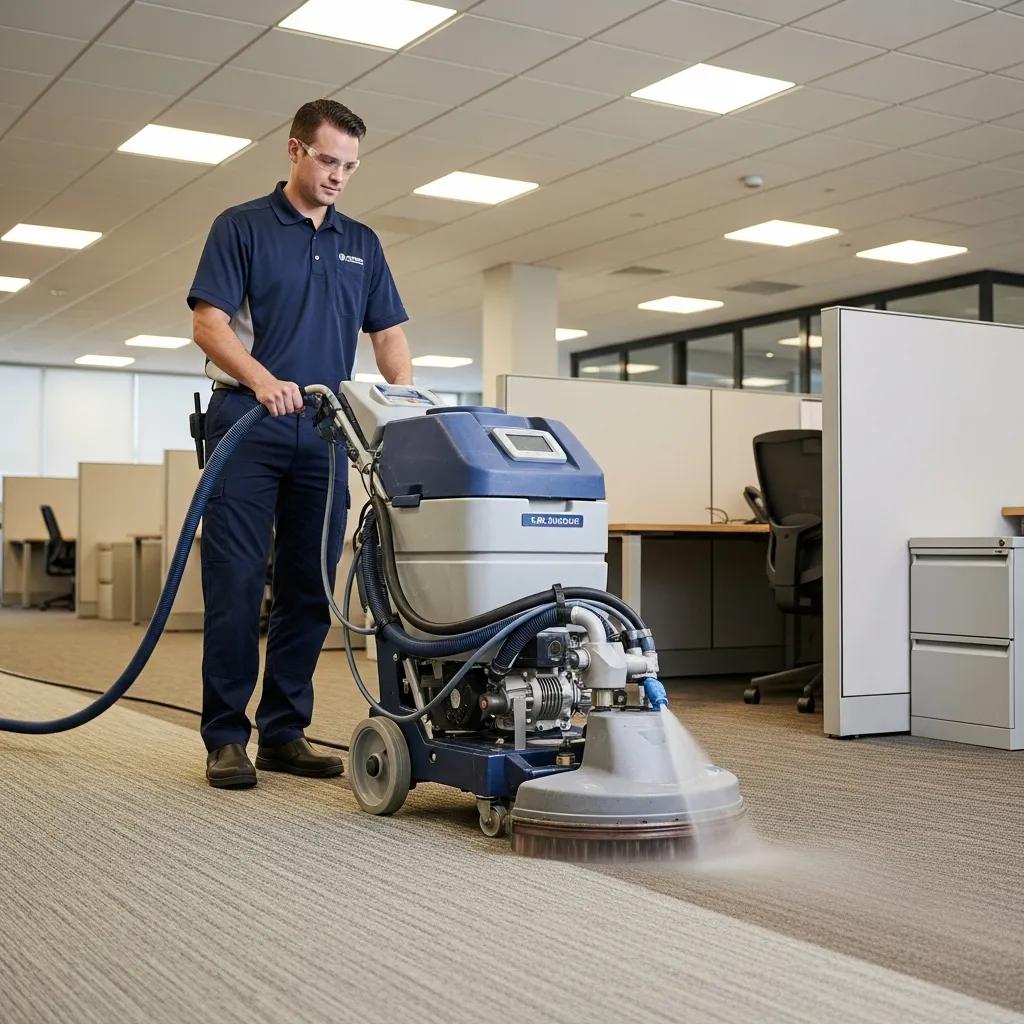 Professional carpet cleaning service in a commercial office, highlighting hygiene and restoration