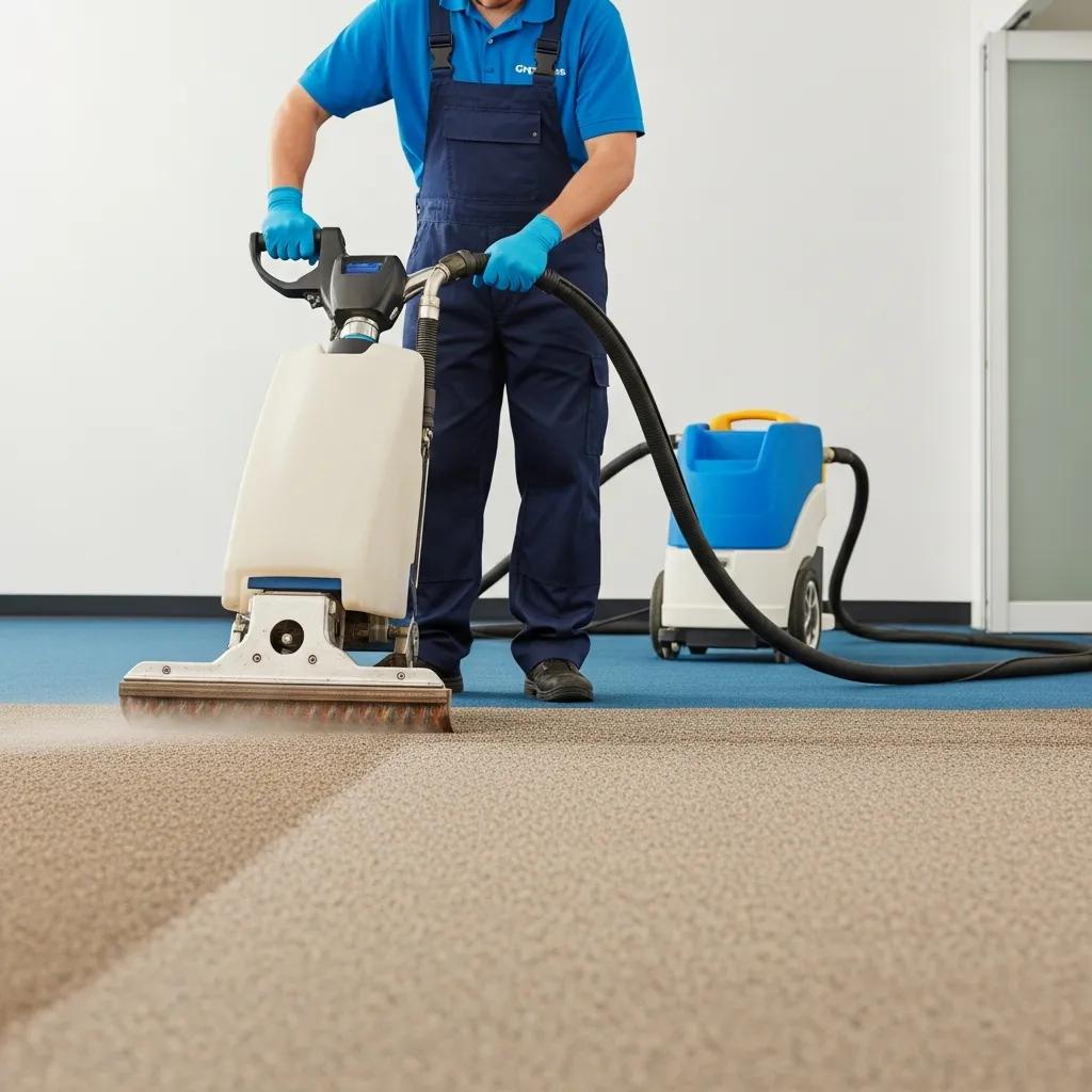 Professional carpet cleaning service in a commercial space, highlighting advanced cleaning techniques and equipment