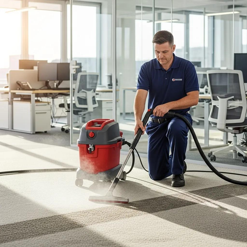 Professional carpet cleaning service maintaining commercial carpet in a bright office environment