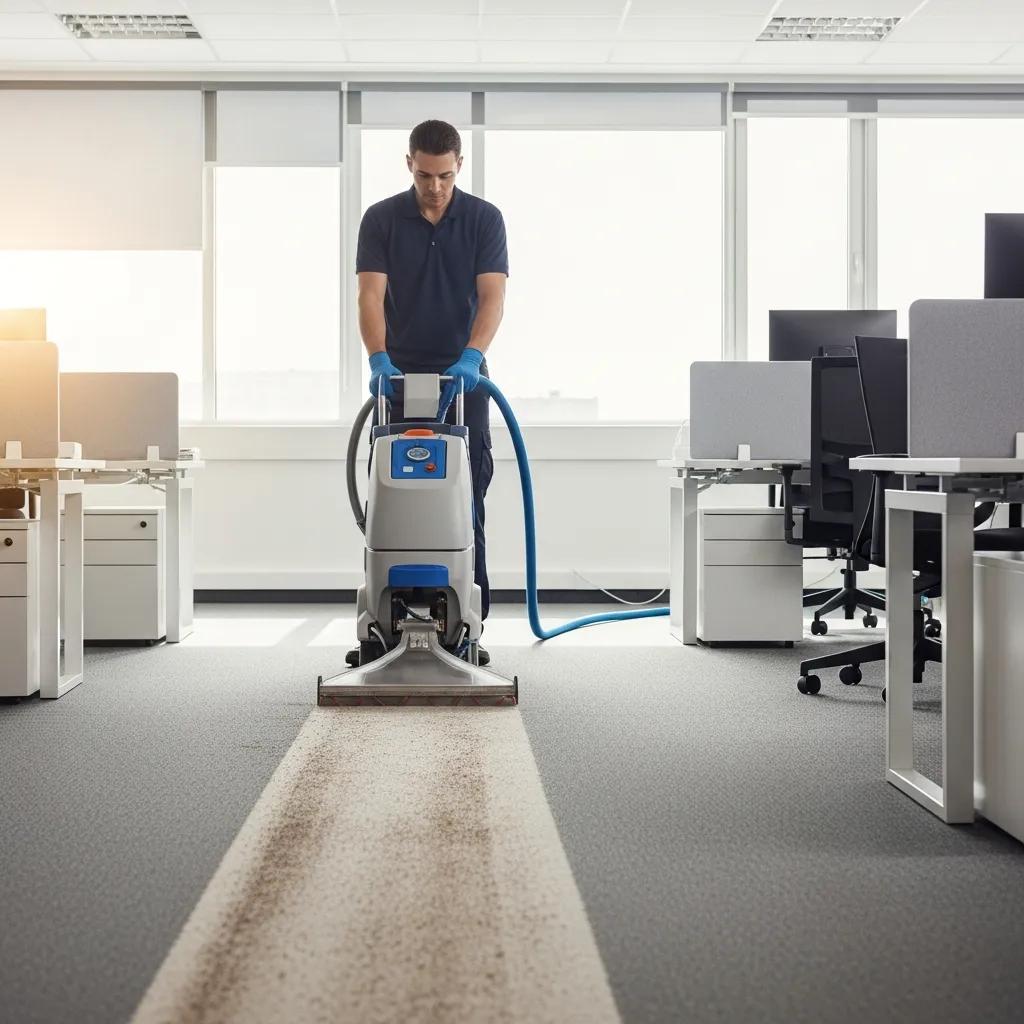 Professional carpet cleaning technician using advanced equipment in a modern office setting