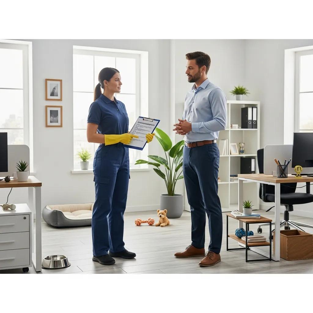 Professional cleaner and facility manager discussing a customized pet-friendly cleaning plan in a clean office environment