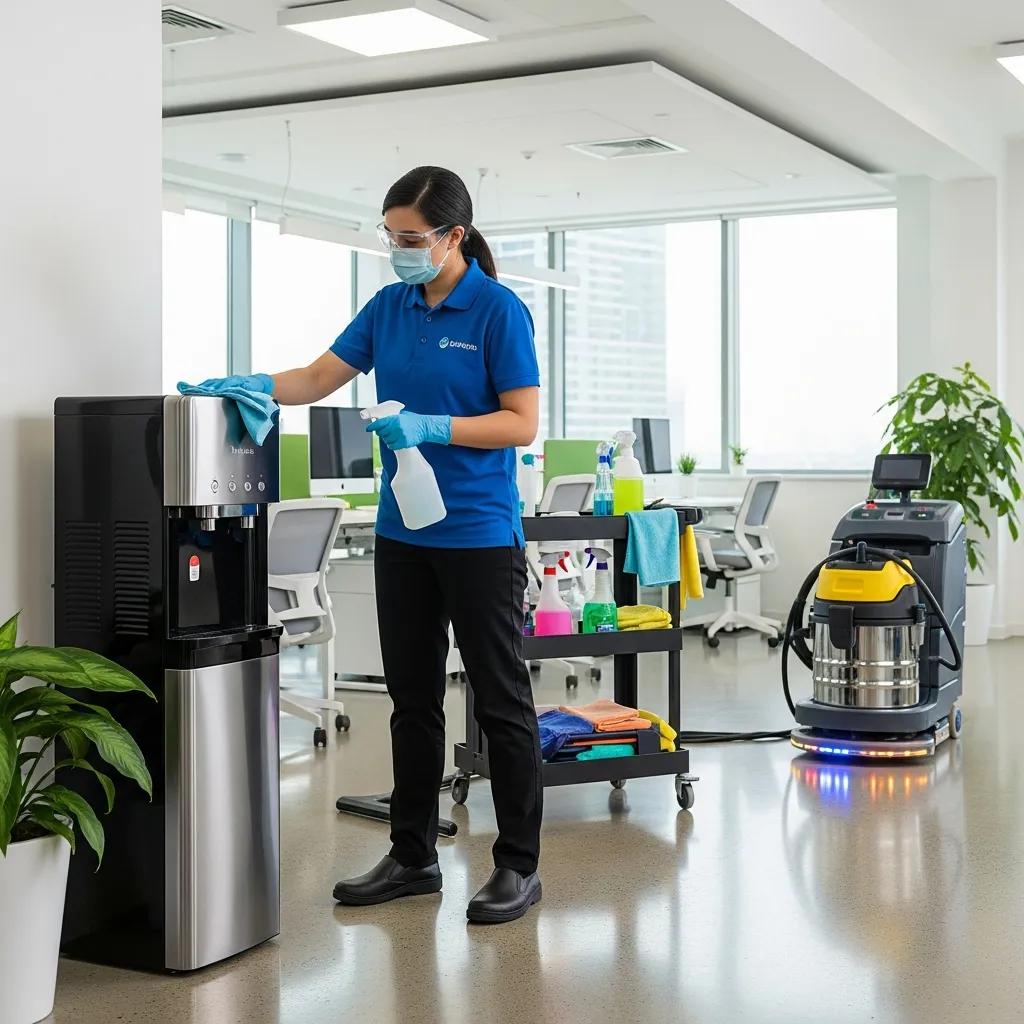 Cleaner disinfecting a high-touch surface in an office &mdash; professional, safe cleaning