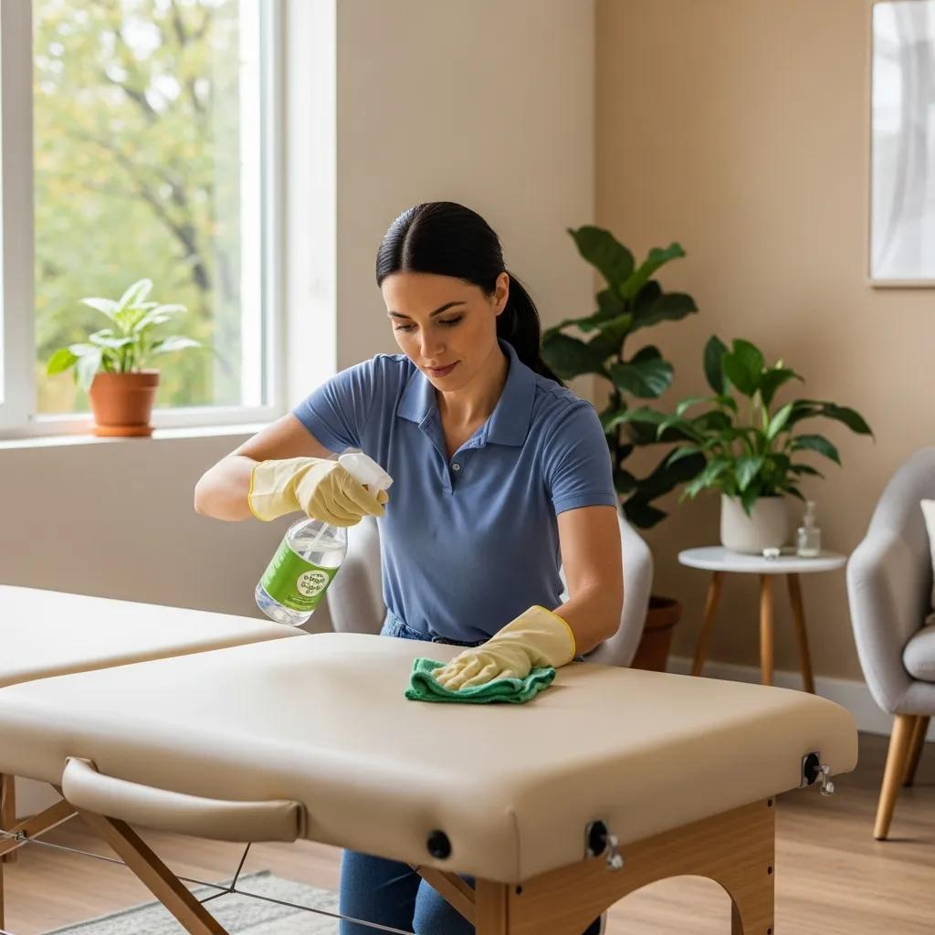 Professional cleaner disinfecting high-touch surfaces in a therapy room, highlighting eco-friendly cleaning practices
