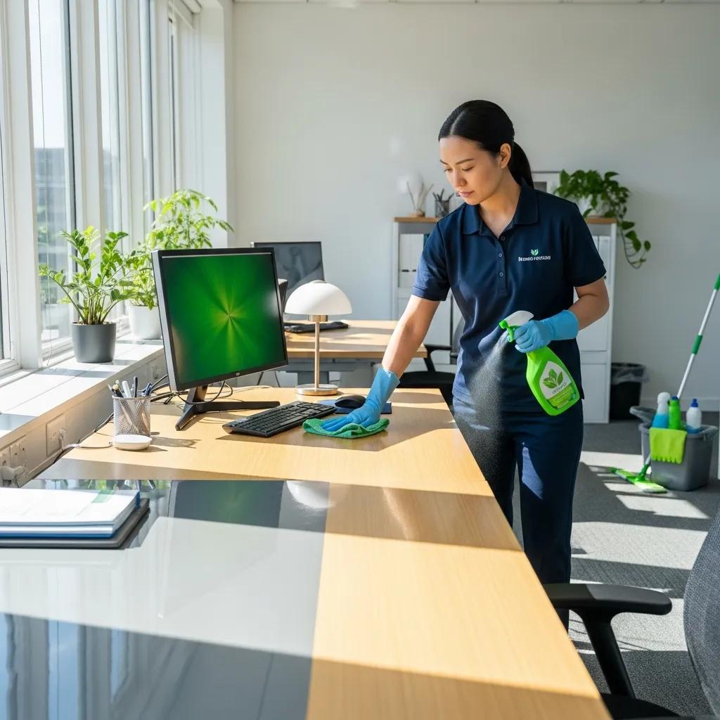 Professional cleaner in a bright office using eco-friendly products, highlighting commercial cleaning services in Nambour