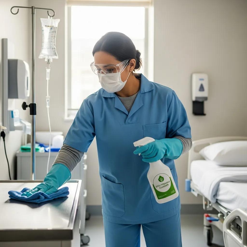 Cleaner following infection-control procedures in a medical facility