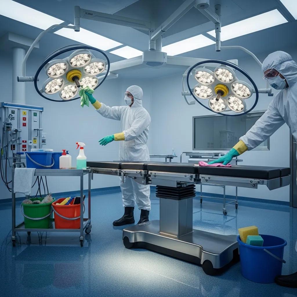 Professional cleaner in PPE performing terminal cleaning in a surgical suite