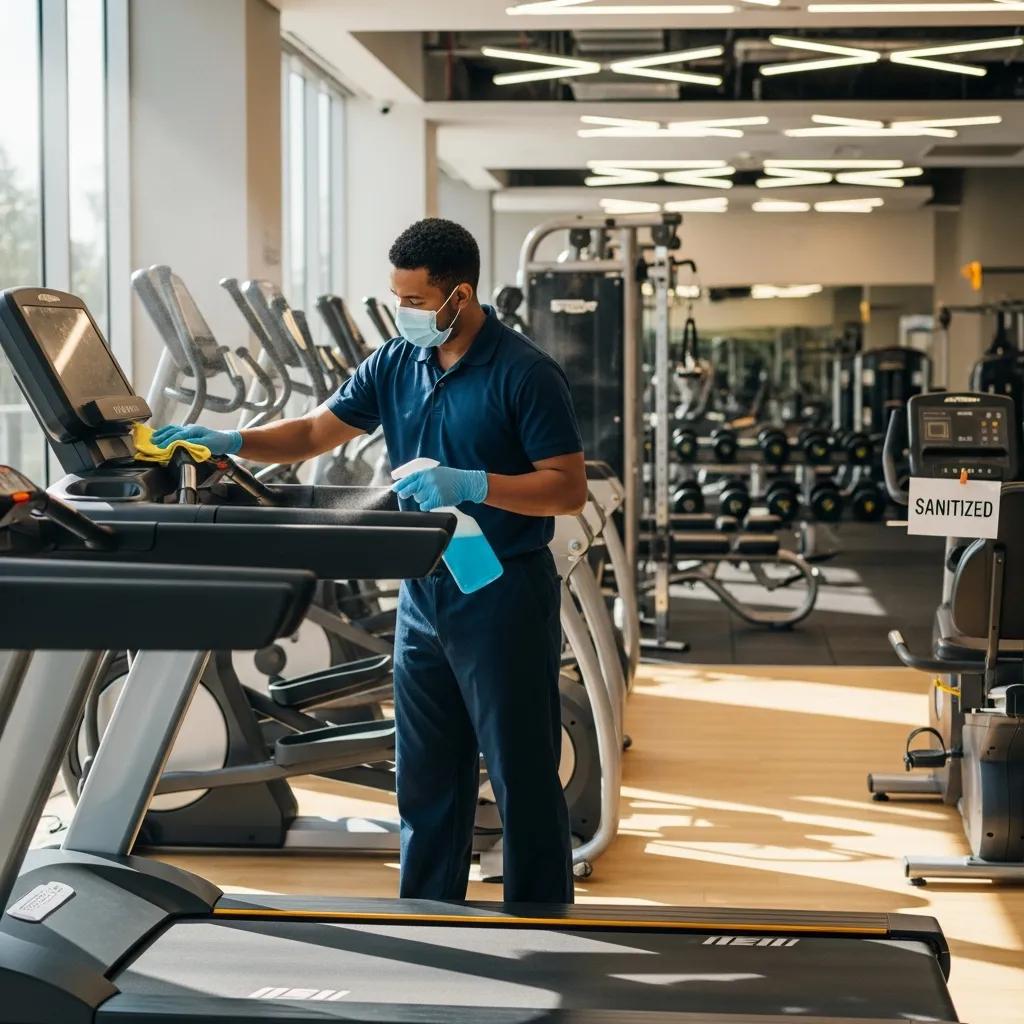 Professional cleaner sanitizing gym equipment, highlighting the importance of fitness facility hygiene