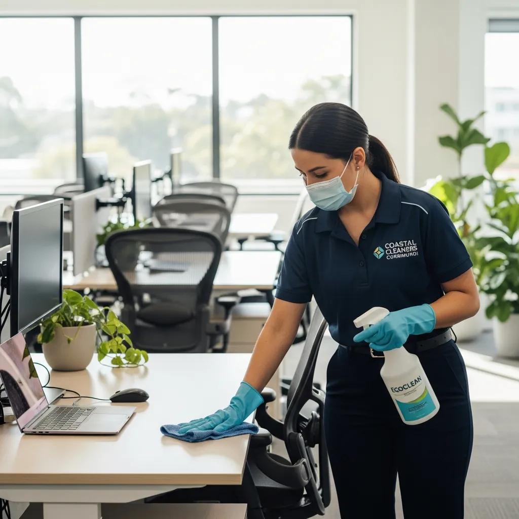 Professional cleaner using eco-friendly products in a modern Currimundi office
