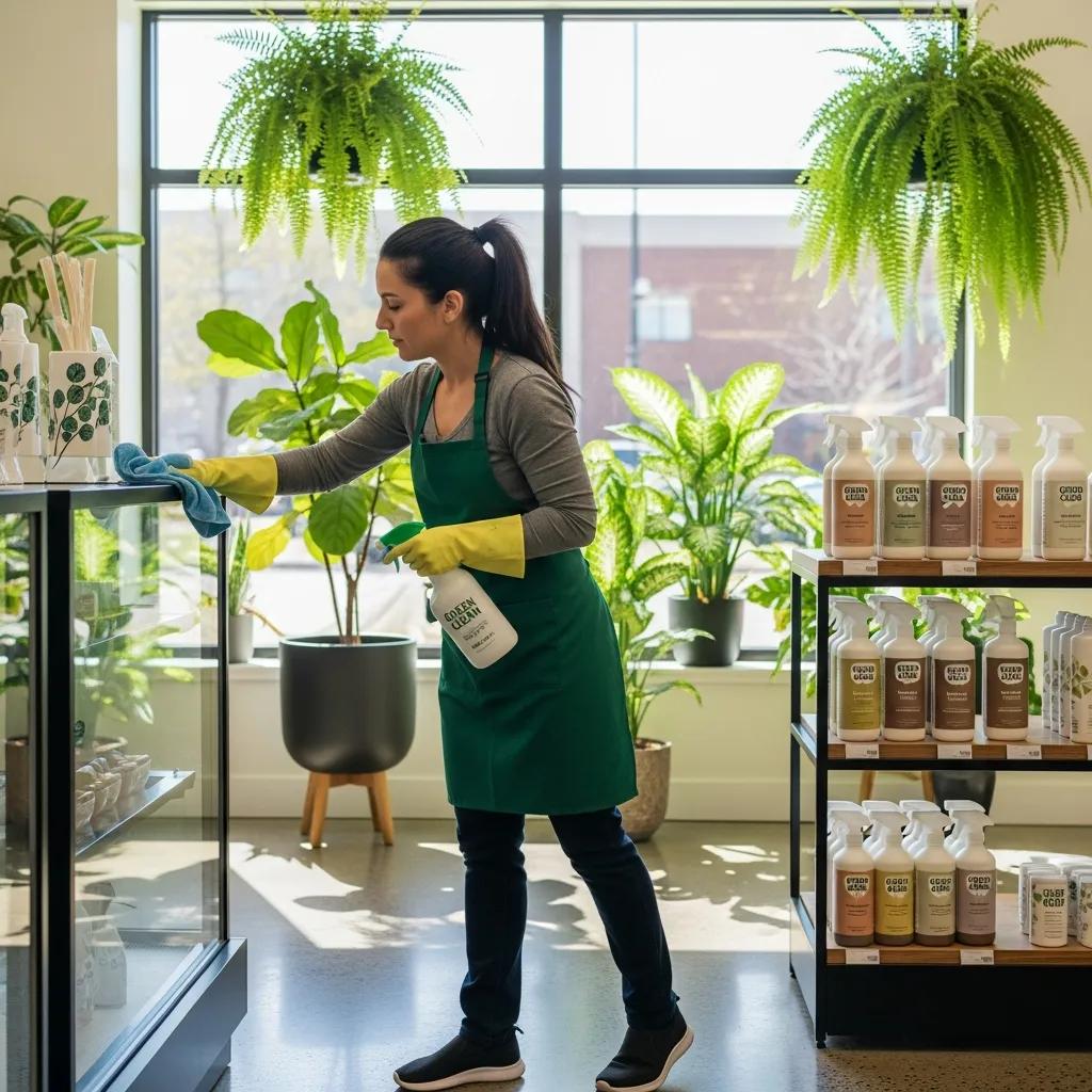 Professional cleaner using eco-friendly products in a retail setting to promote sustainability
