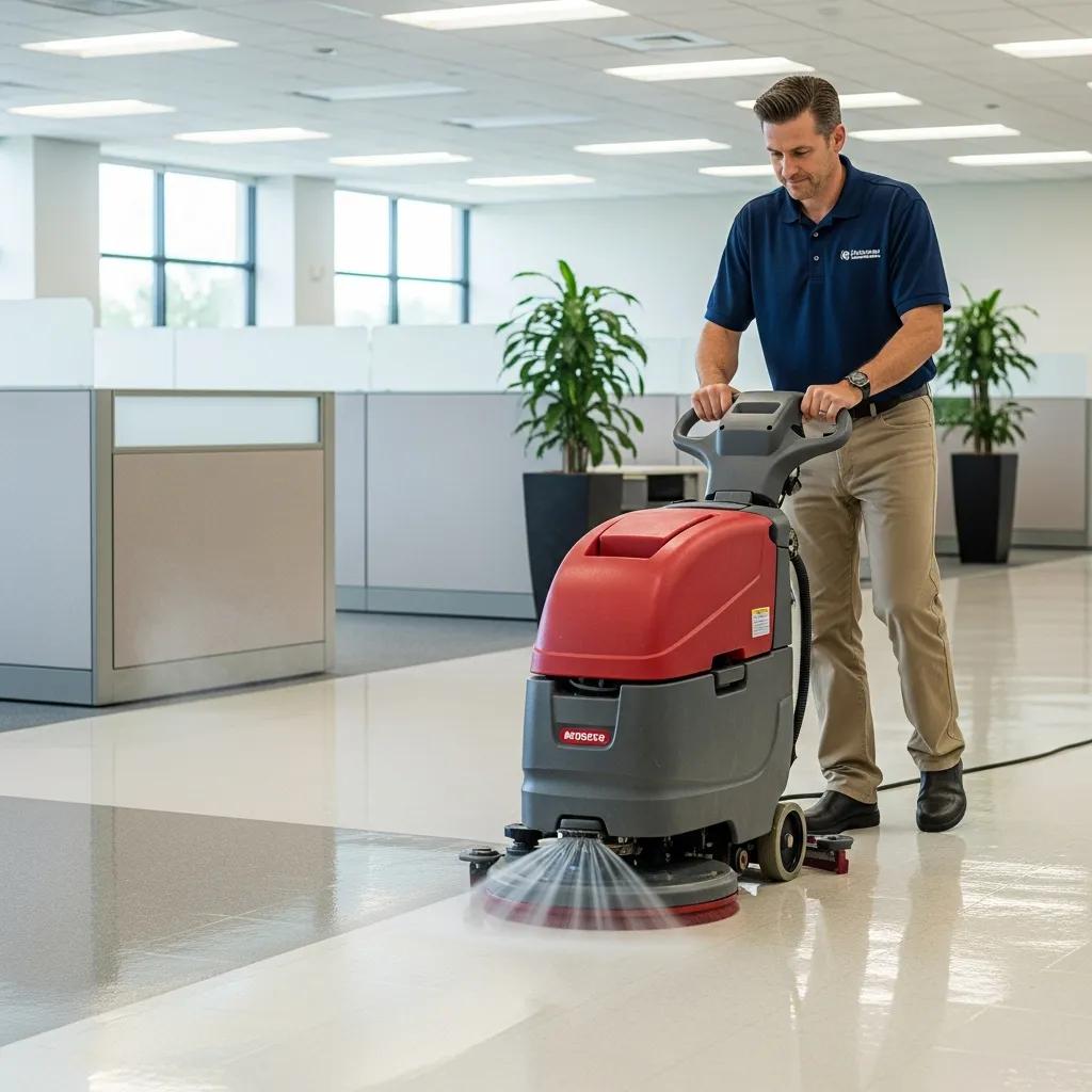 Professional cleaner using specialized equipment for commercial vinyl floor cleaning
