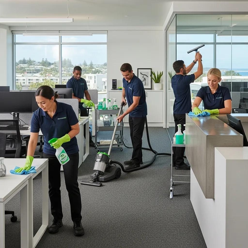 Professional cleaners providing tailored cleaning services in a Buddina office, highlighting hygiene and productivity