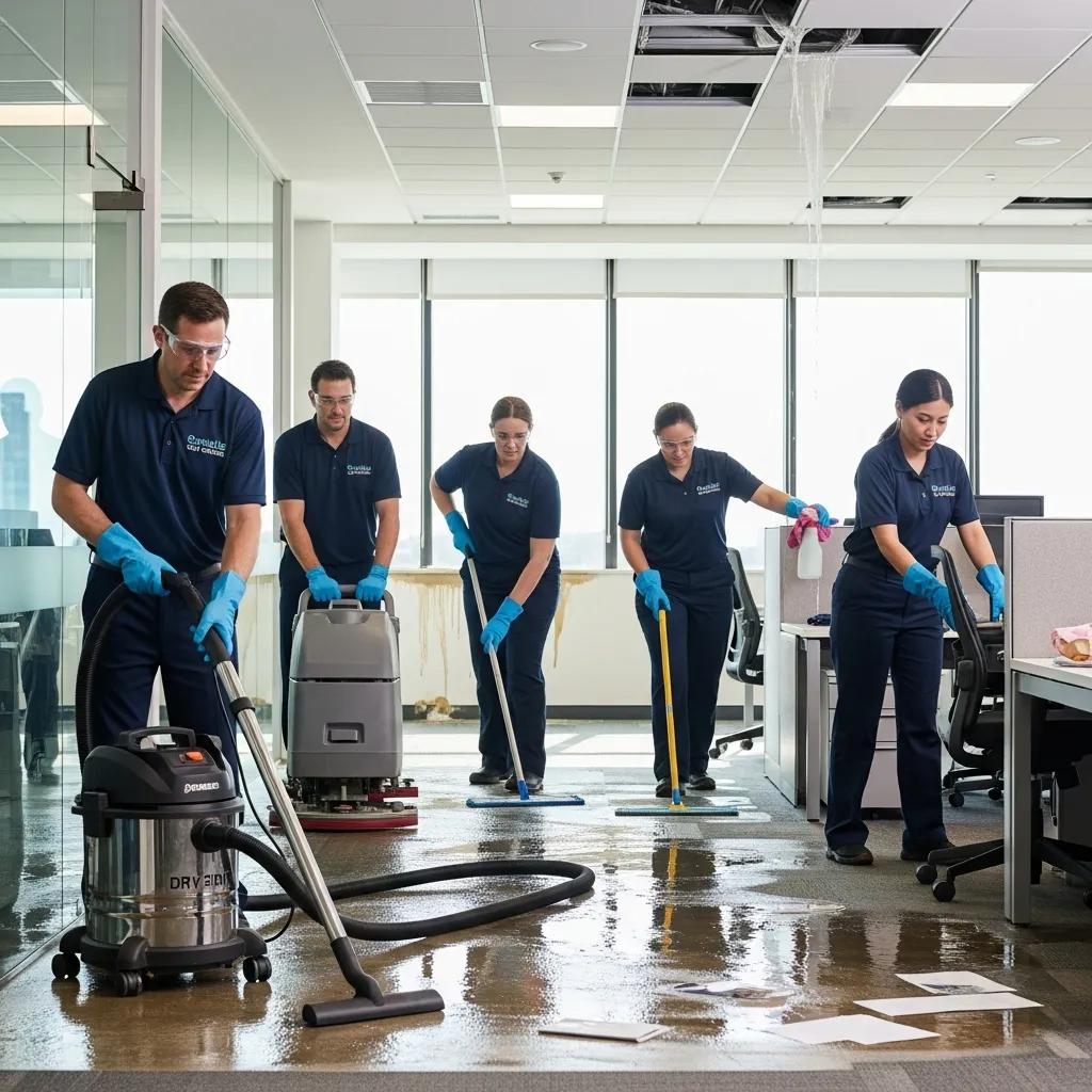 Professional cleaners responding to an emergency office cleaning situation with industrial equipment