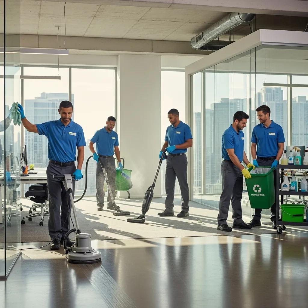 Professional cleaners using eco-friendly products in a commercial space, highlighting quality service and teamwork