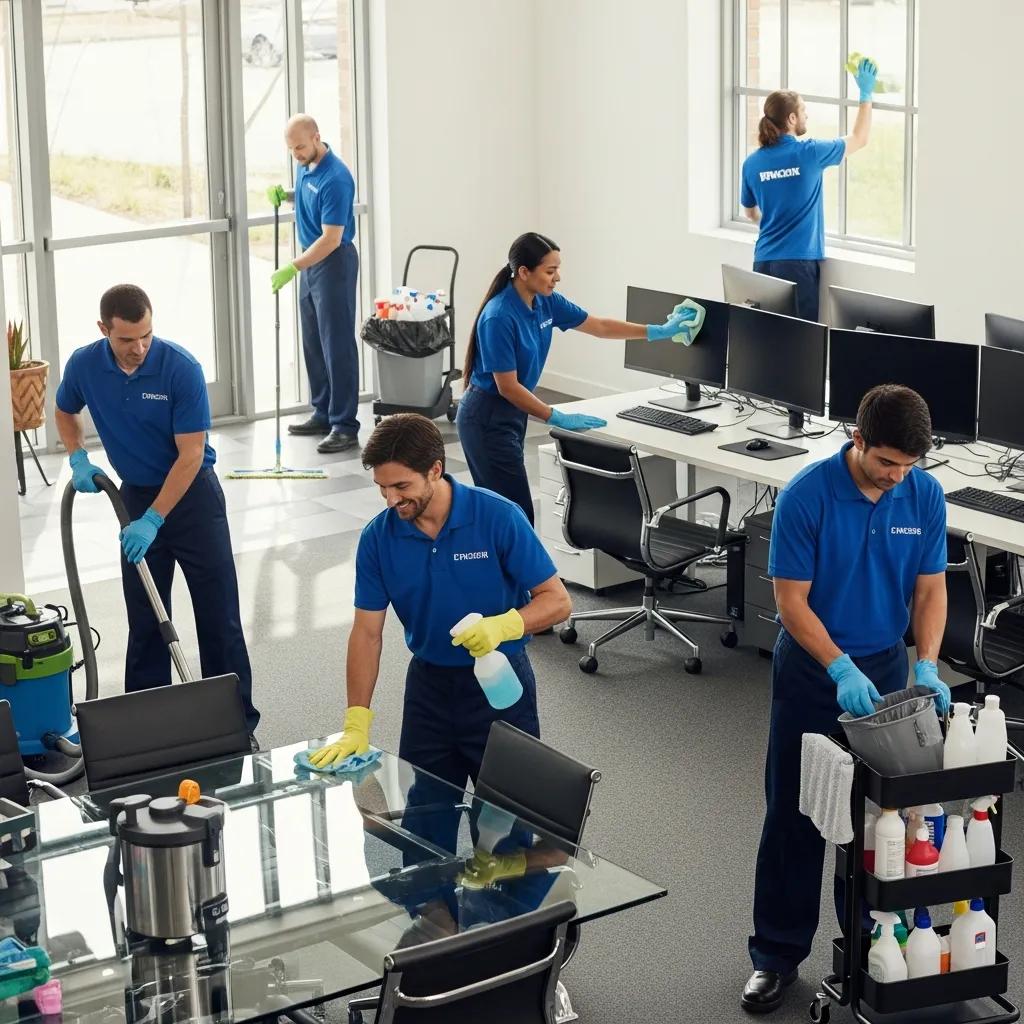 Professional cleaners working together in a bright office, showcasing teamwork and high standards of hygiene