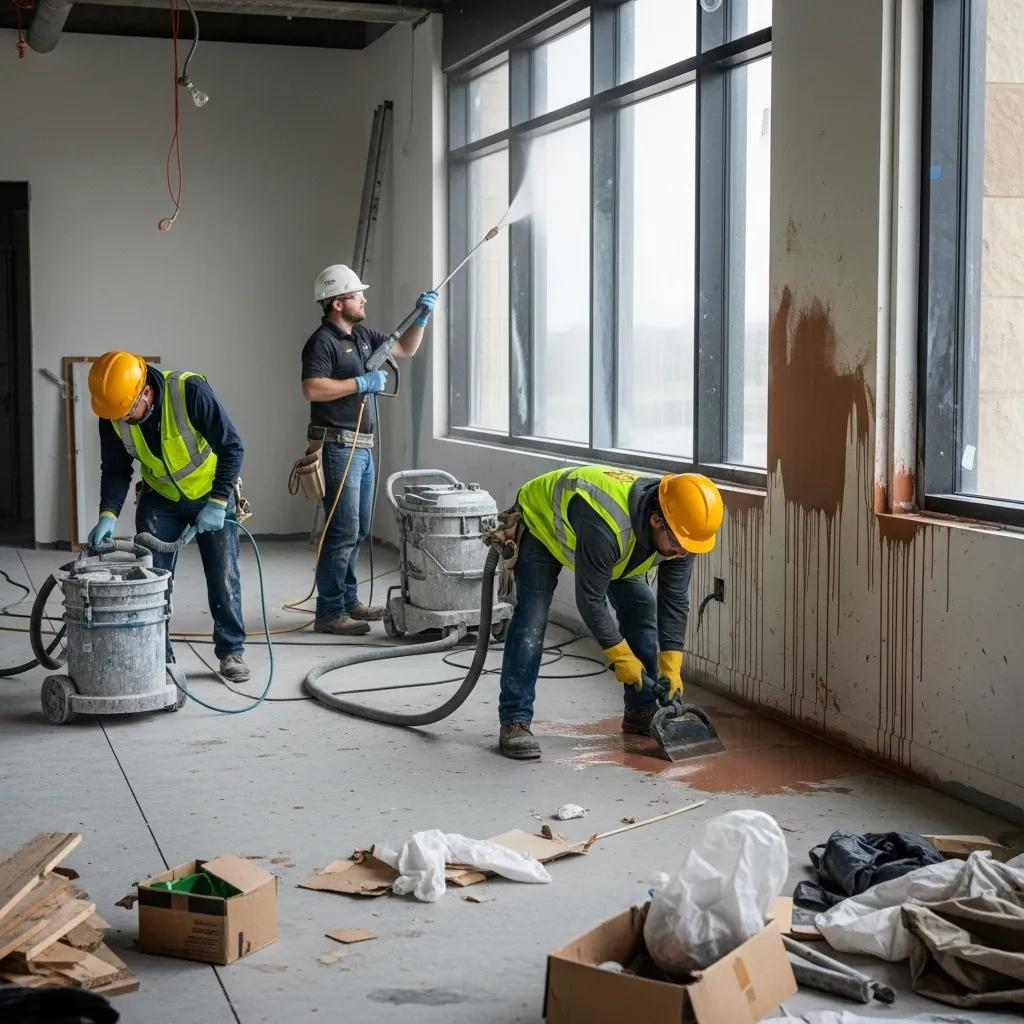 Professional cleaning crew performing post-construction paint removal and debris cleanup at a commercial site