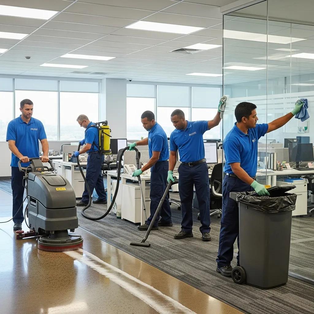 Professional cleaning crew using modern equipment in a commercial space, emphasizing efficiency and professionalism