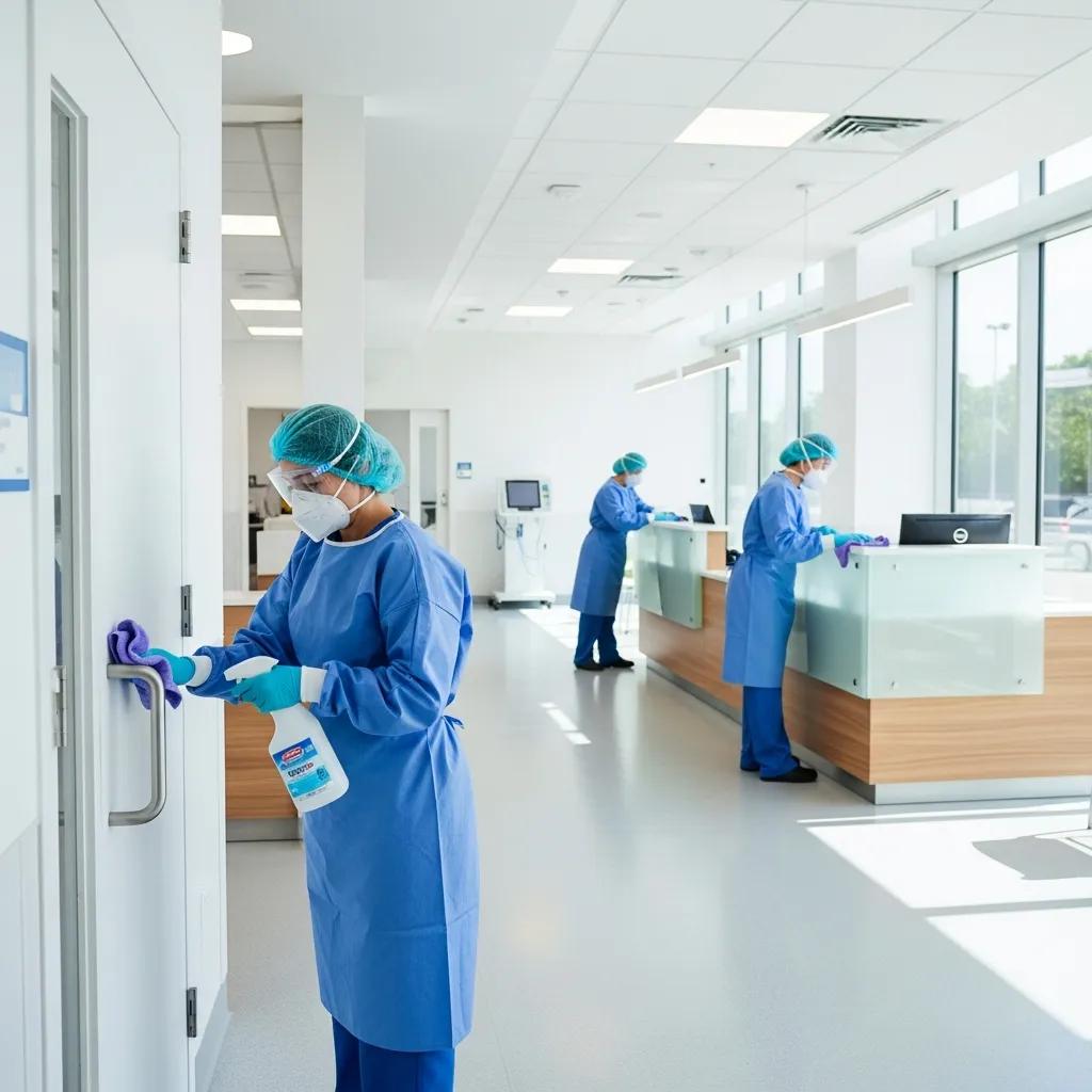 Professional cleaning services in a medical center highlighting hygiene and safety protocols