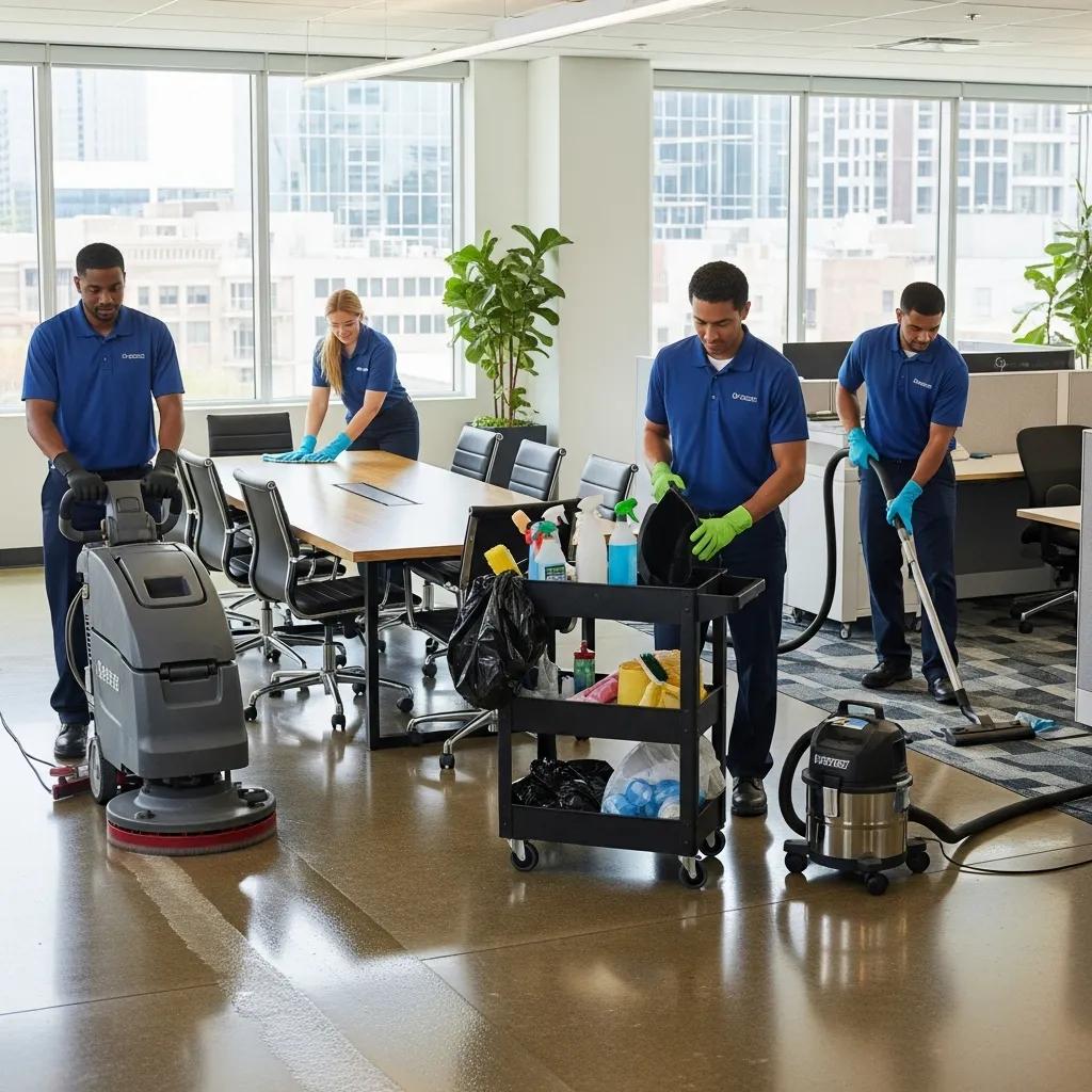 Professional cleaning team actively cleaning a modern office space, showcasing teamwork and efficiency