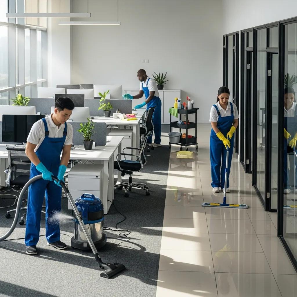 Professional cleaning team actively maintaining a modern office space