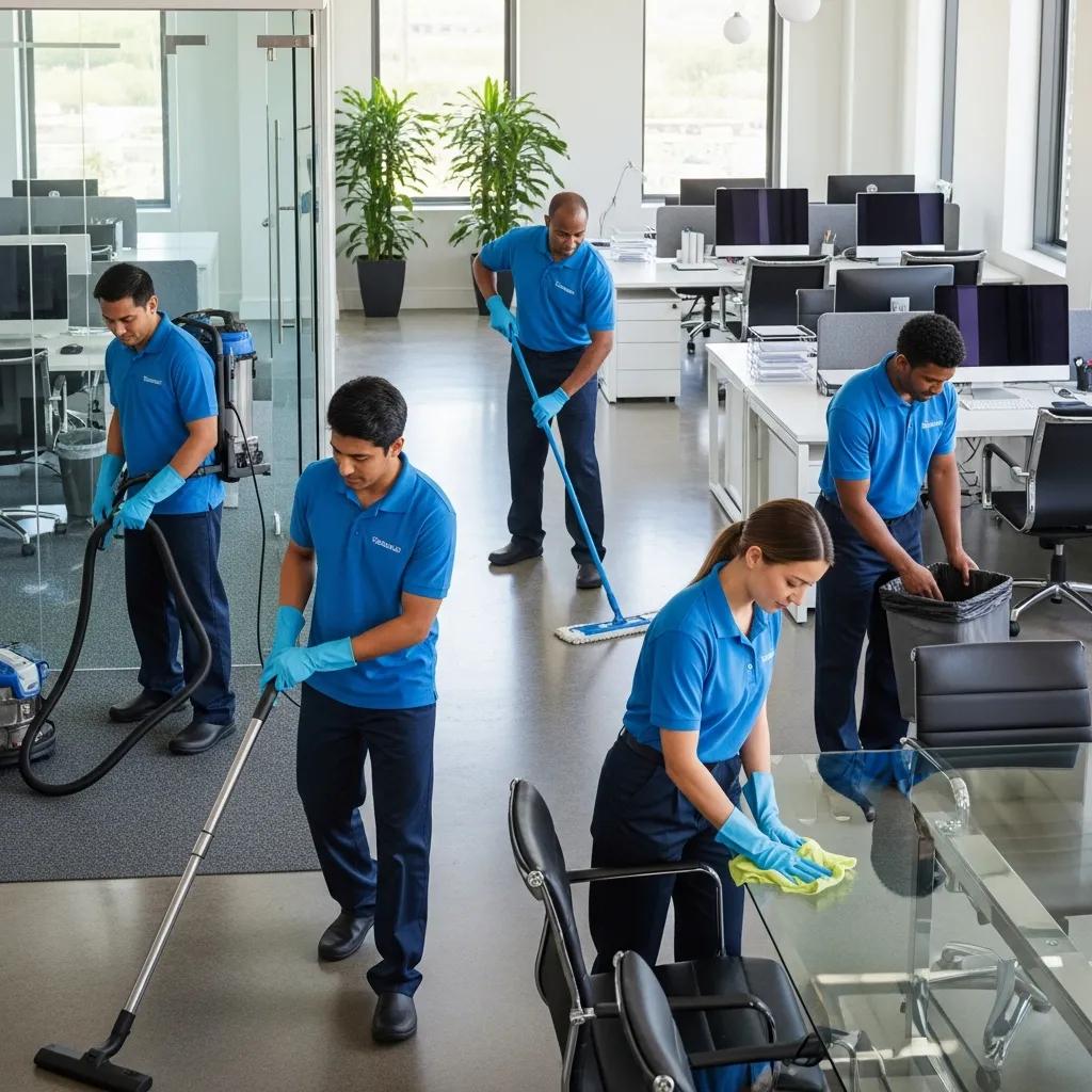 Professional cleaning team actively maintaining a modern office space, emphasizing cleanliness and organization