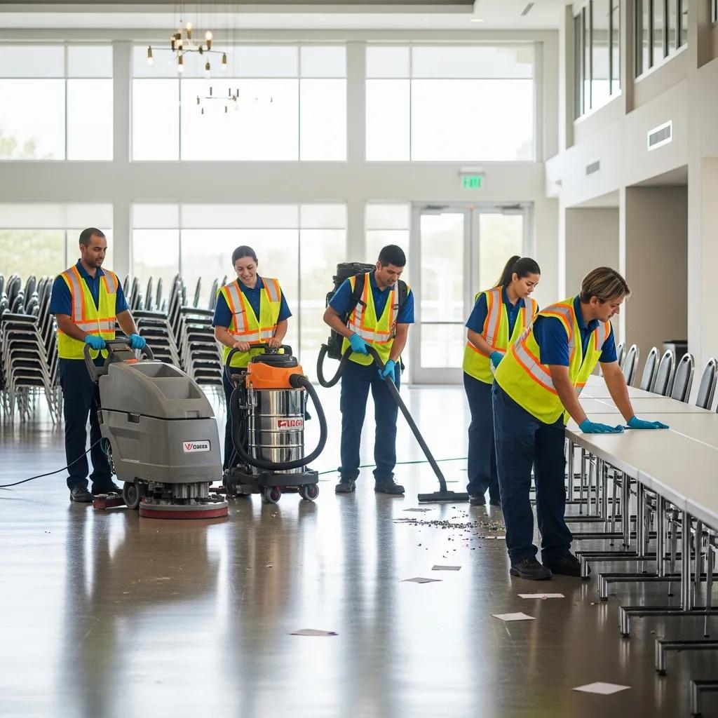 Professional cleaning team at an event venue ensuring hygiene and safety