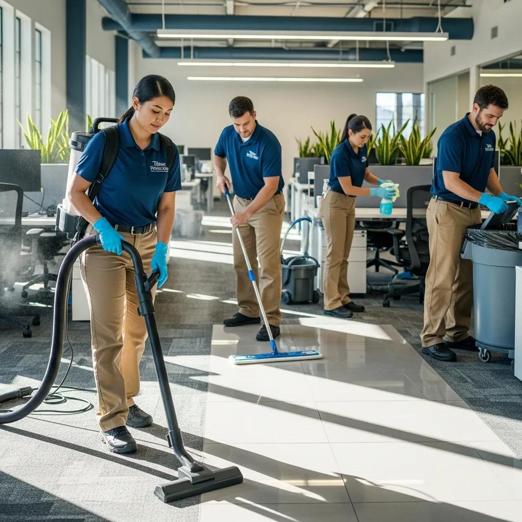 Professional cleaning team at work in a commercial space, highlighting the importance of cleanliness in business environments