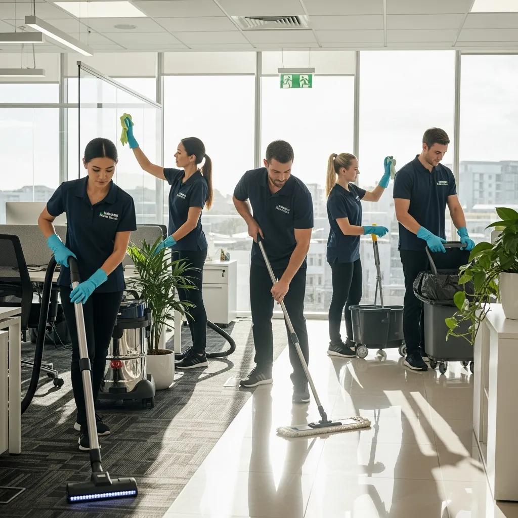 Professional cleaning team at work in a modern Nambour office, showcasing commercial cleaning services