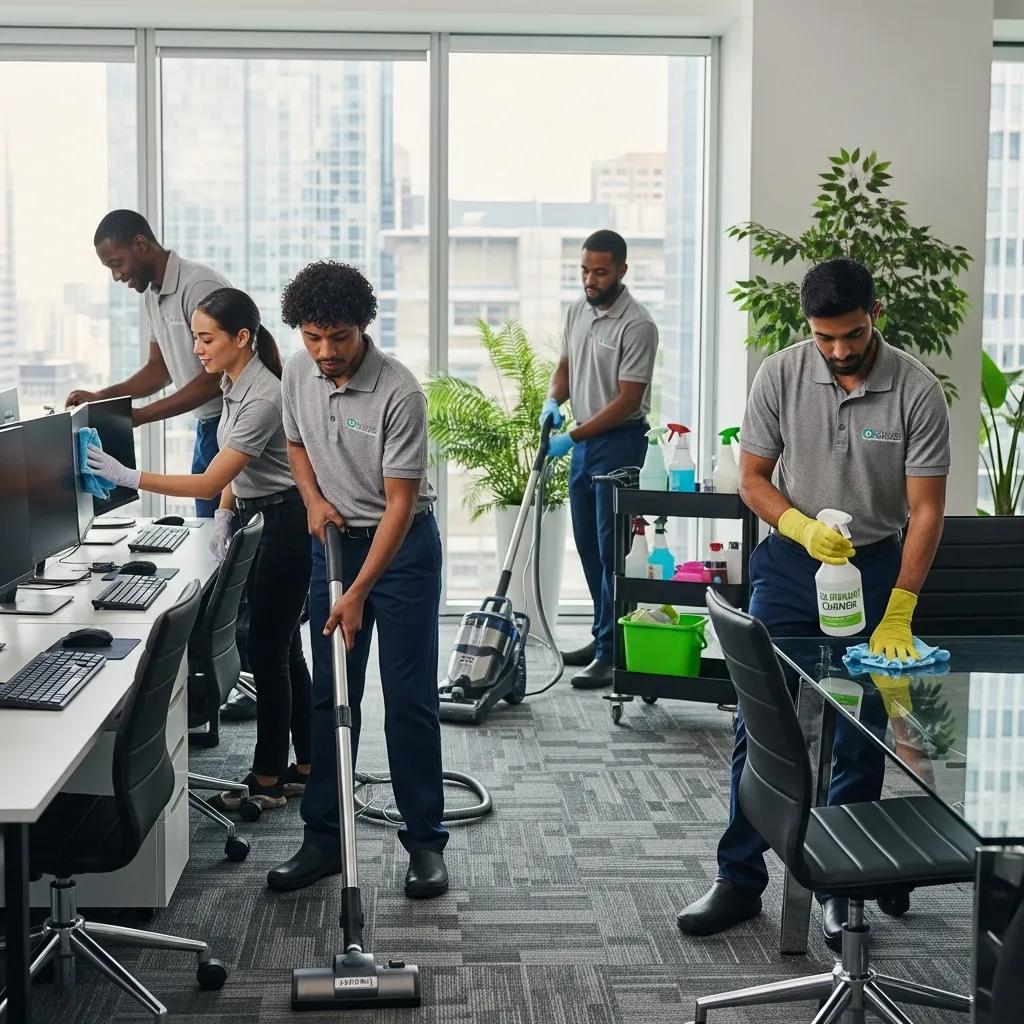 Professional cleaning team demonstrating reliability in a modern office setting