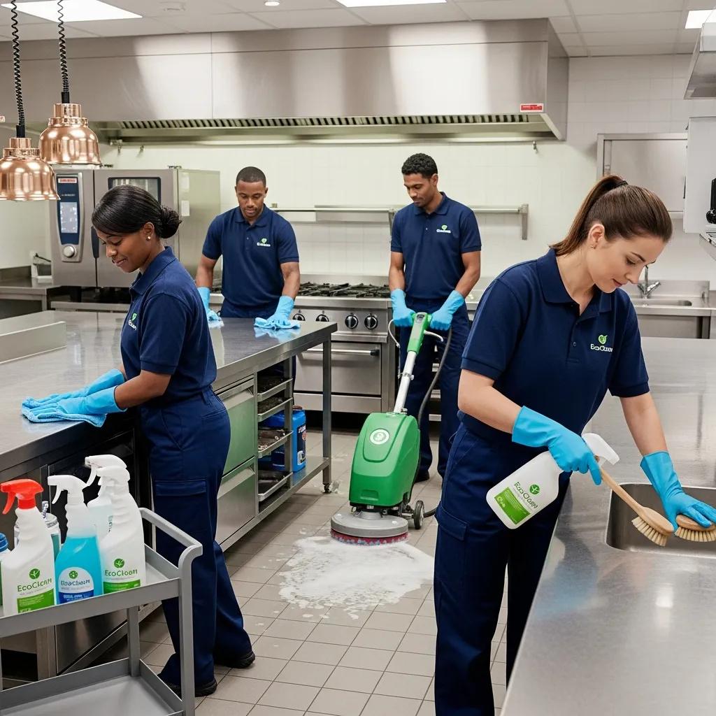 Professional cleaning team in a commercial kitchen using eco-friendly products to ensure hygiene and cleanliness