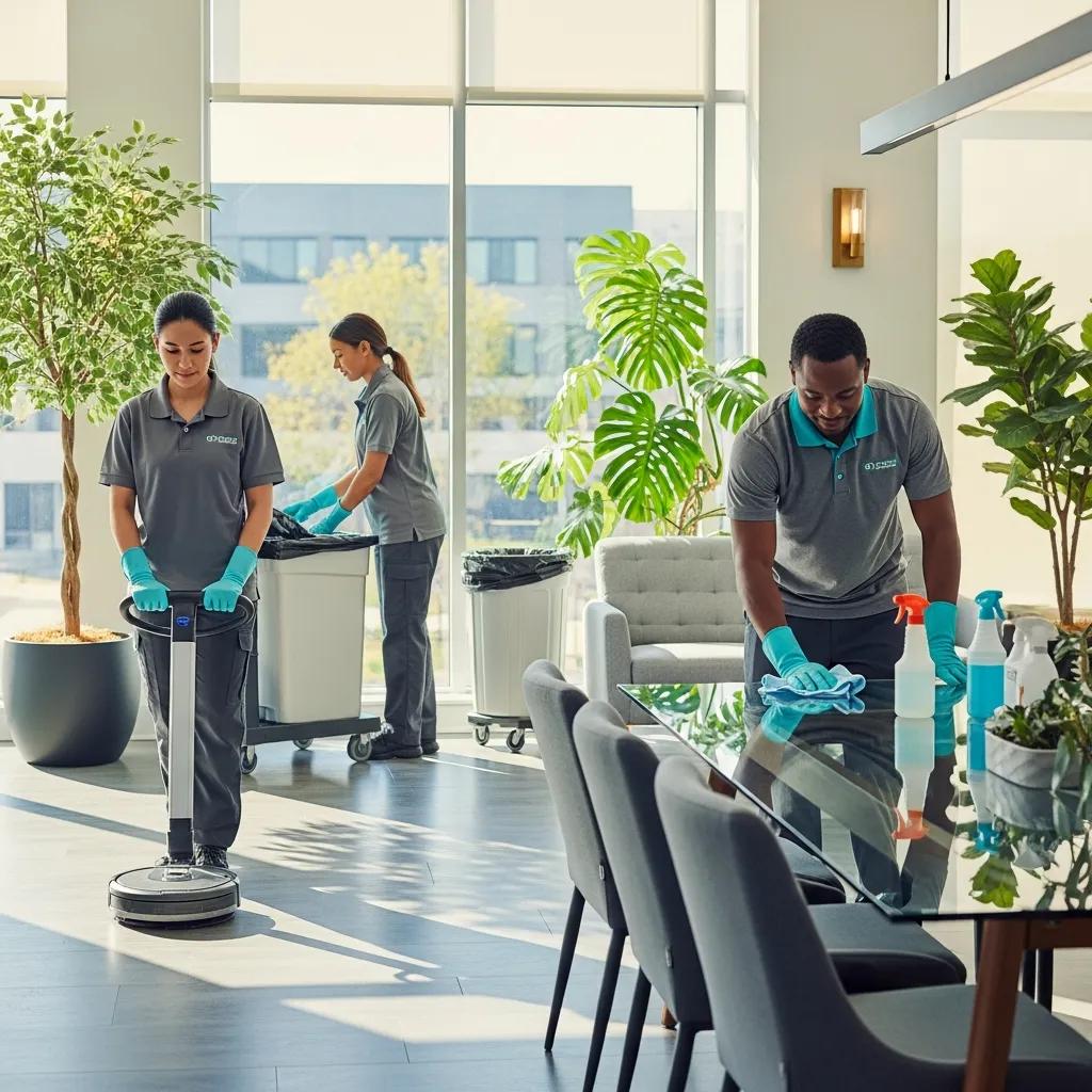 Professional cleaning team in a commercial office, showcasing teamwork and modern cleaning practices