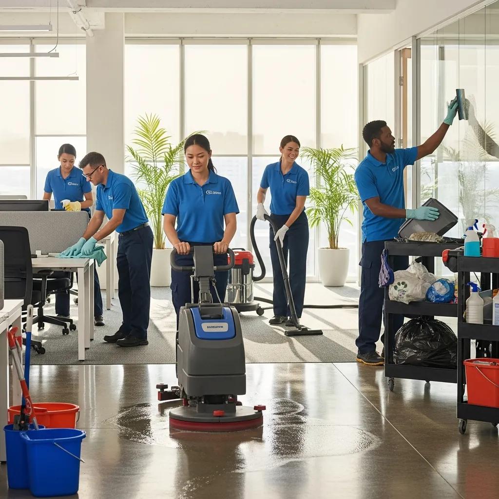 Professional cleaning team in a commercial space highlighting teamwork and efficiency