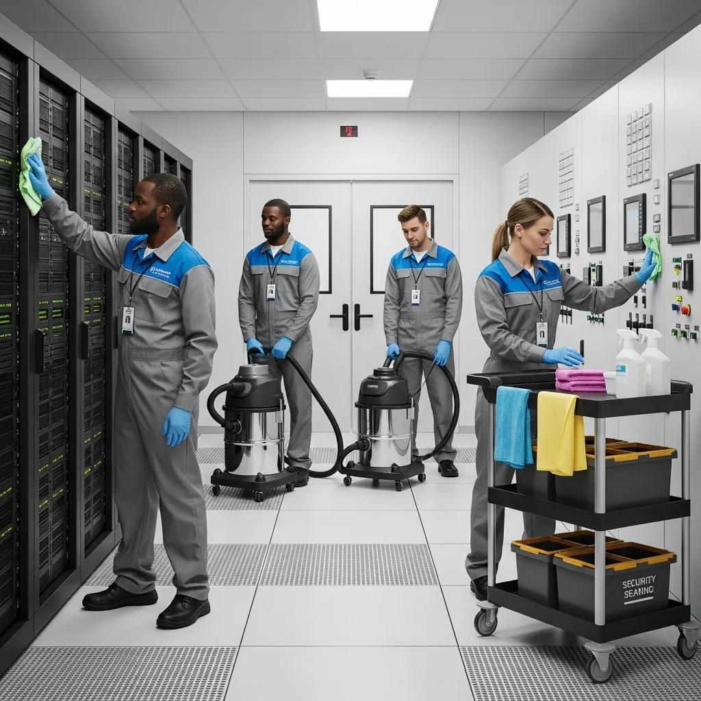Professional cleaning team in a high-security facility emphasizing safety and confidentiality