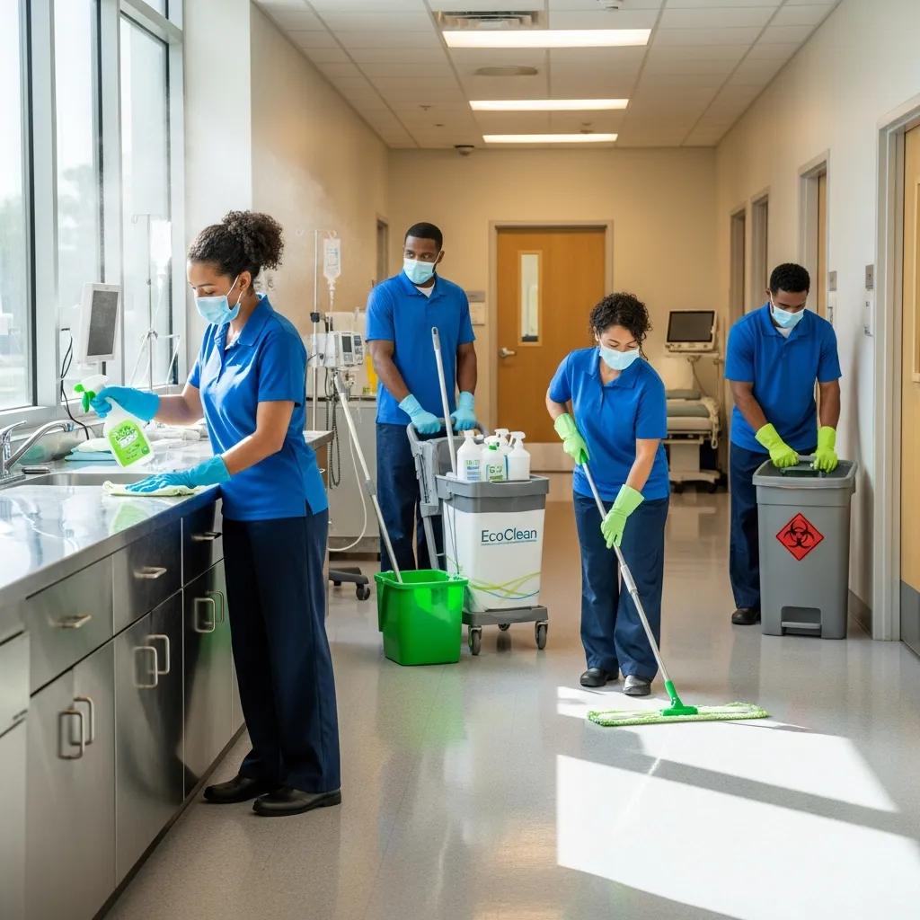 Professional cleaning team in a medical center using eco-friendly products